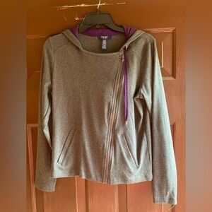 CHAPS NWOT Gray Jacket with purple hoodie ties and a purple hood inside